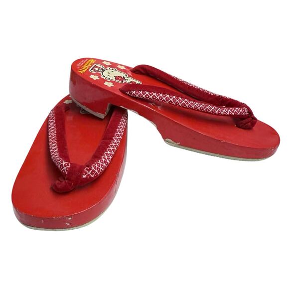 Vintage 1997 Hello Kitty Wooden Geta Sandals Japan‎ Sanrio Red Flip Flops Kids - Picture 1 of 15